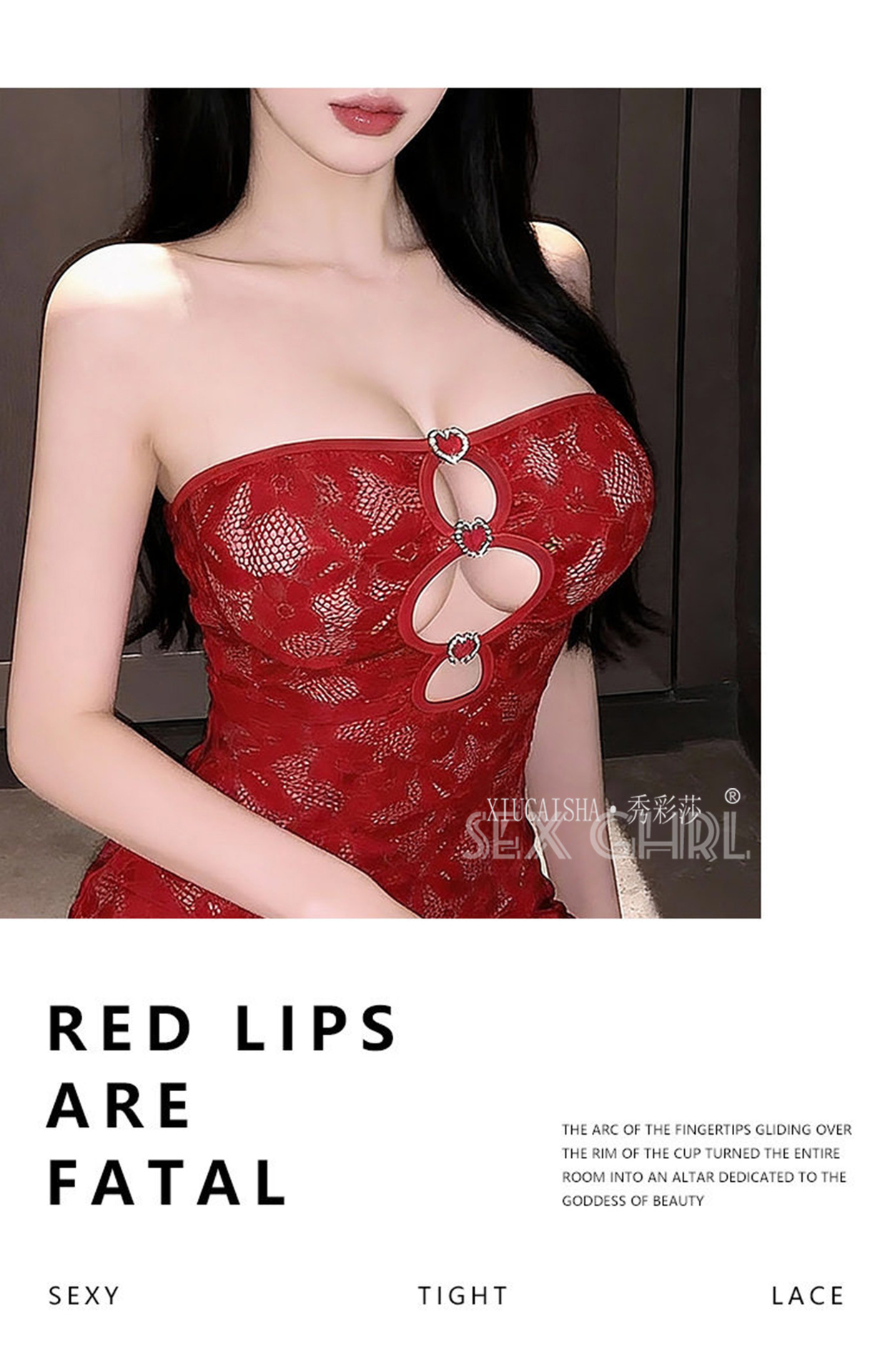 Lace Cheongsam-Style Lingerie Dress with Red Fishnet Stockings, One Size — detail image 12