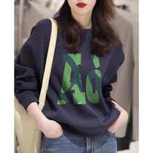 欧货时尚藏青色圆领卫衣女秋冬新款时髦洋气oversize洋气印花上衣