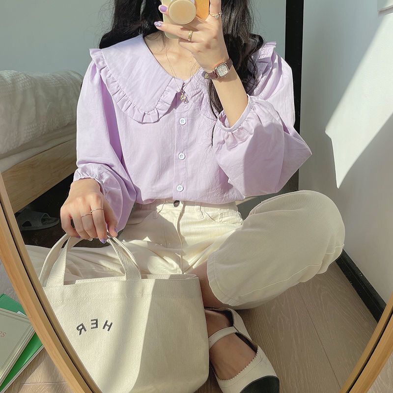 女性用ミルクイエロー長袖シャツ春フレンチレトロドールカラートップデザインニッチミルクスイートシャツ|undefined
