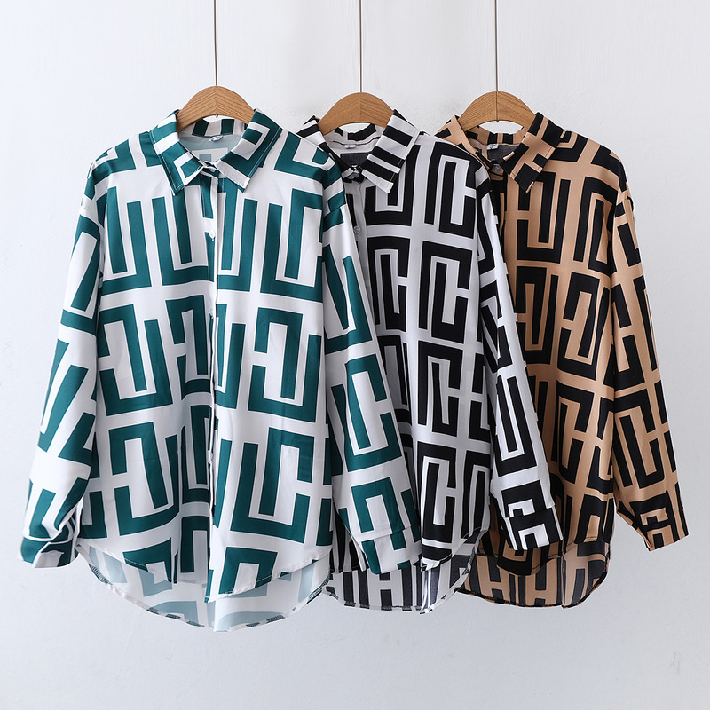 European and American style women's new flower print loose lapel long sleeve fashion shirt European and American style women's new flower print loose lapel long sleeve fashion shirt