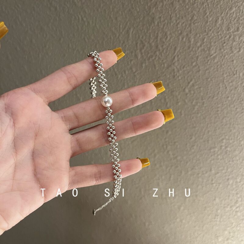 Kuning Silver Bead Woven Pearl Bracelet Heavy Industry Niche Design Sense Bracelet Elegant All-match Bracelet for Women