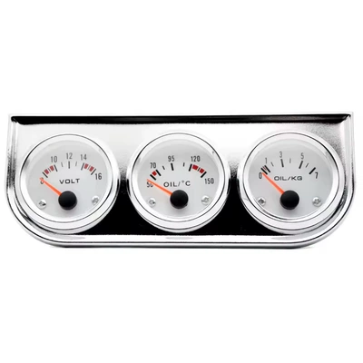 Cross-Border Hot-Selling 12V 2-Inch 52mm Oil Temperature, Oil Pressure, and Voltage Combination Triple Gauge Car Instrument Modification Product (automobile instrument) - chrome-frame-white-surface