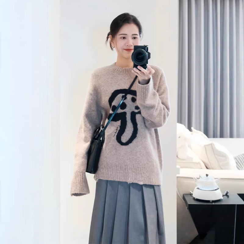 Round Neck Mushroom Knit Sweater 2025 Autumn New Wool Alpaca Loose Drop Shoulder Sleeve Knit Top Sweater