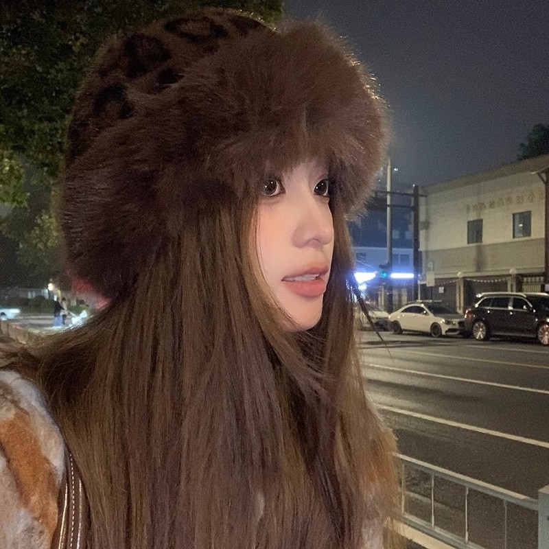 批发豹纹蒙古帽子毛绒小熊帽子女秋冬季仿水貂渔夫帽百搭围巾围脖|undefined
