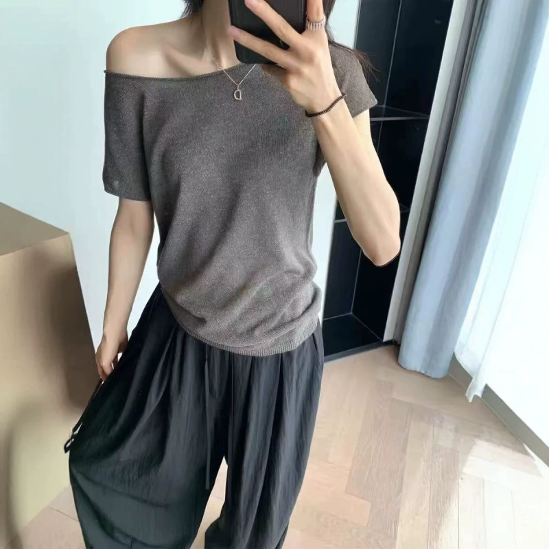 Lyocell Linen Rolled-Edge Flutter Sleeve Off-Shoulder Dual-Wear Knit Short-Sleeve Women's Summer Lightweight Slightly Sheer T-Shirt Top Lyocell Linen Rolled-Edge Flutter Sleeve Off-Shoulder Dual-Wear Knit Short-Sleeve Women's Summer Lightweight Slightly Sheer T-Shirt Top