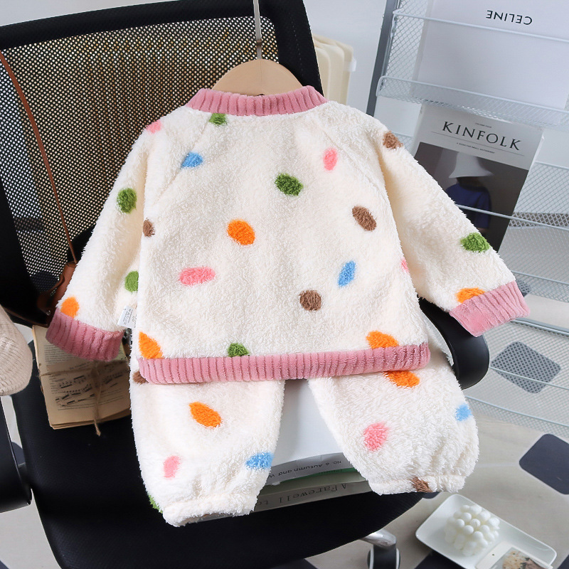 여자 겨울 잠옷 세트 새  아동복  가을 겨울 큰 라운드 포인트 홈 의류 조수