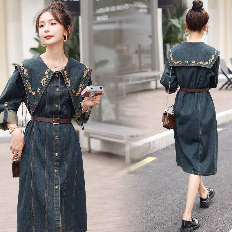 Early Spring Popular Navy Collar Denim Skirt dress 2025 European Women's Fashion Slimming High-end Retro Dark Long Skirt