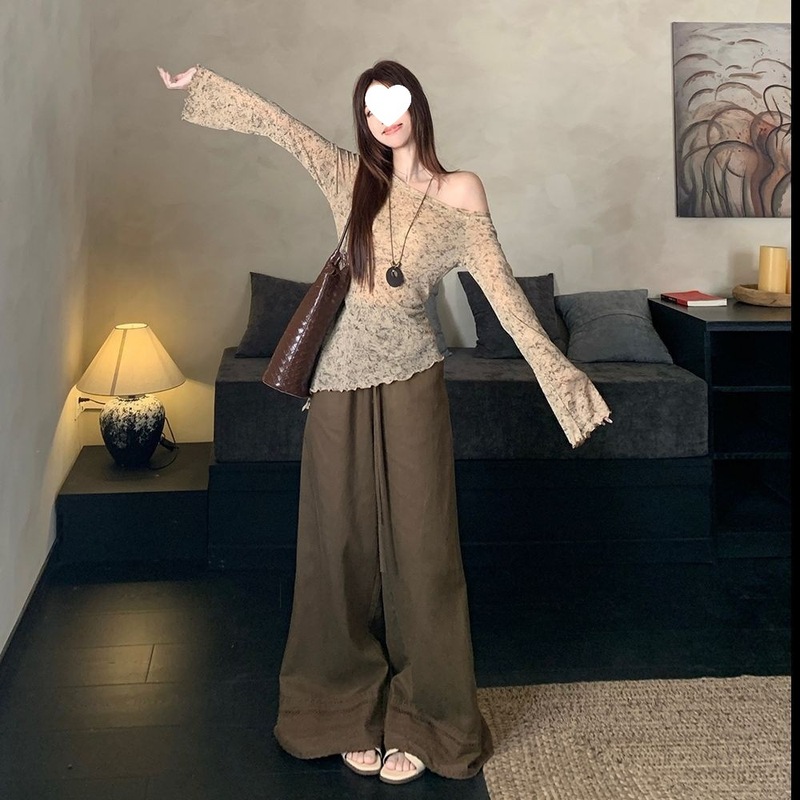 韩系辣妹斜肩不规则长袖针织衫抽绳休闲裤女2025秋季新款时尚套装|undefined