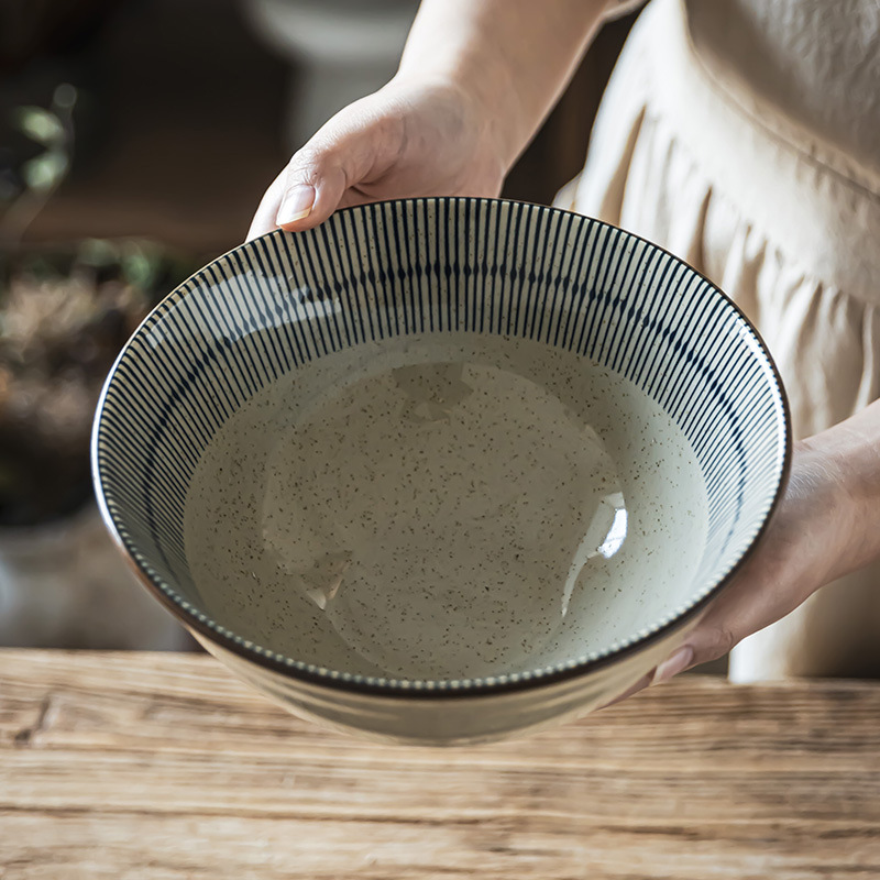 Tacos de mesa de cerámica retrógrada prácticos con rayas abiertas, tazón de fideos de alta calidad, tazón de ensalada de frutas, tazón de fideos doméstico para una persona