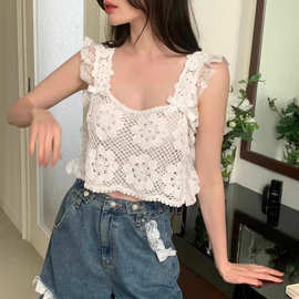 甜美百搭夏季新品蕾丝钩花镂空洋气小吊带女上衣无袖T恤辣妹背心