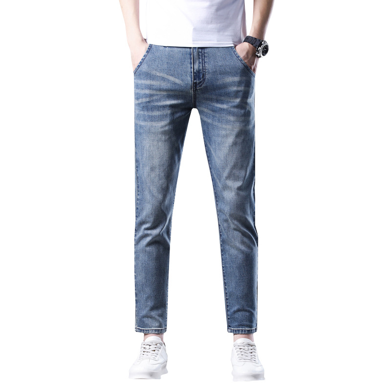 2026 Spring/Summer Men's High Elastic Slim Fit Cropped Jeans Korean Style for Teenagers and Petite Individuals 9/10 Length Pants