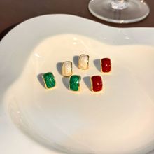银针法式复古滴油耳钉 高级感简约酒红色弧形耳夹几何方形耳饰女