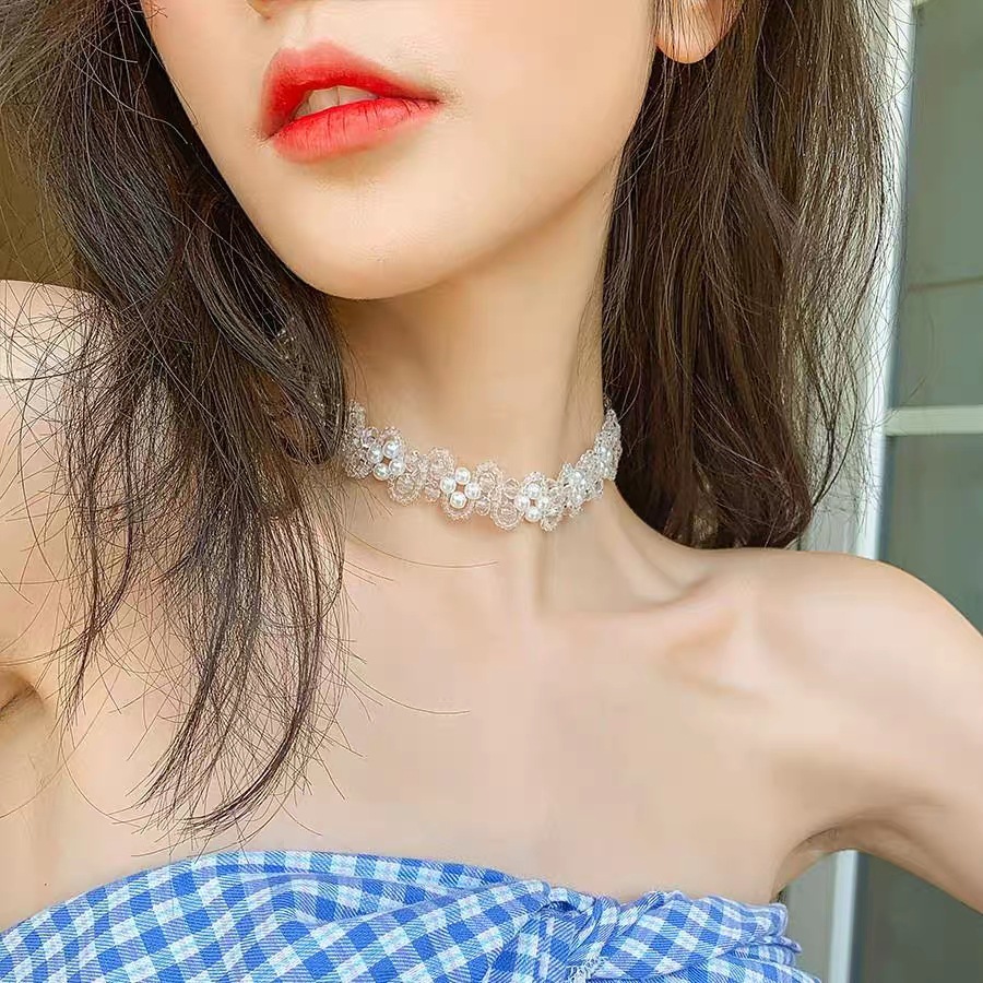 Super Fairy Hair Band Neck Chain Dual-purpose Lace Flower Band Cyber Celebrity Mori Pearl Clavicle Chain Crystal Beaded Necklace Summer