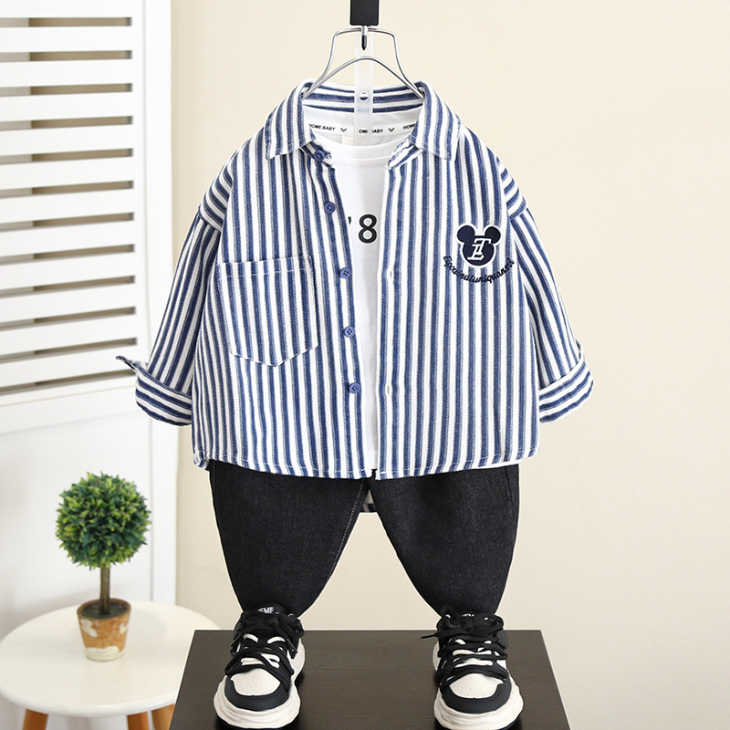 5841 Camisa a rayas de estilo occidental para niños 2024 nueva ropa de otoño para niños chaqueta de moda para niños primavera y otoño casual manga larga