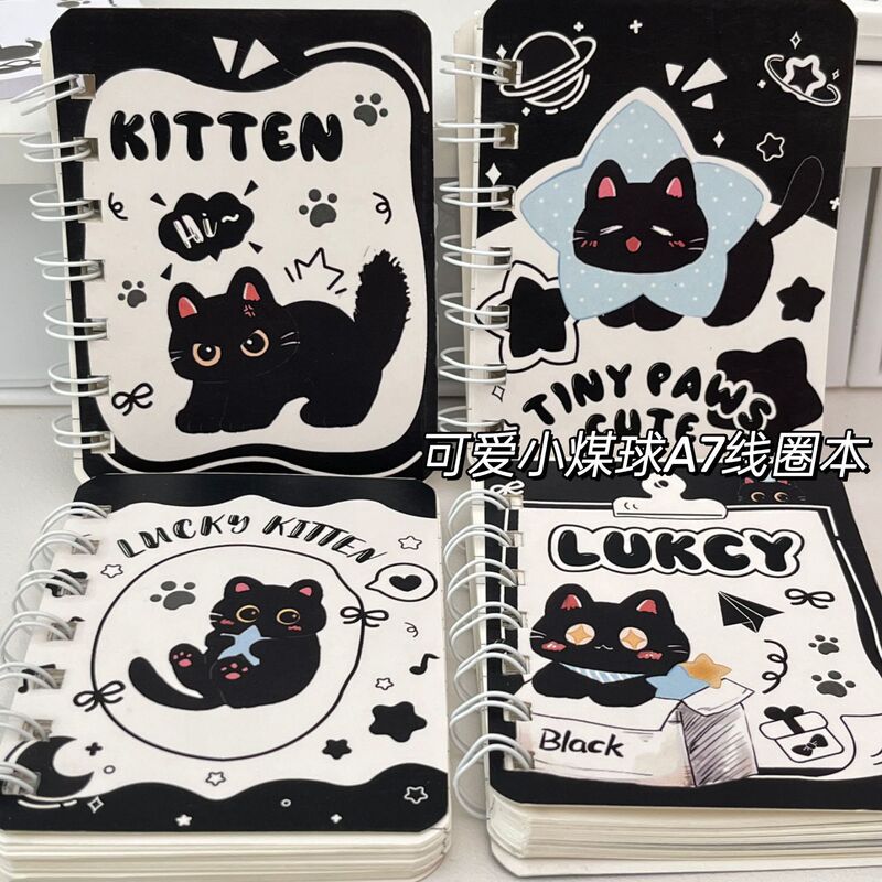 New Black Kitten A7 Coil Notebook Student Portable Notepad Cartoon Cute Creative Simple Horizontal Line Notebook