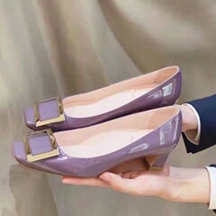 RV网红方扣粗跟法式高跟鞋女2025新色紫色方头平底中跟单鞋女漆皮