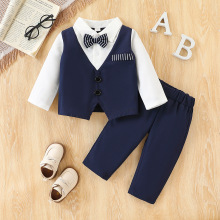 男童春秋季绅士套装英伦风长袖衬衫假两件上衣+裤子两件套童装