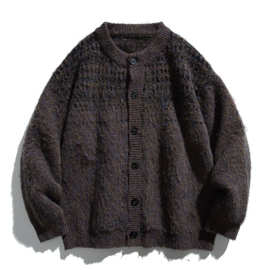 宋先生跨境日系文艺复古亨利领单排扣宽松慵懒毛衣外套针织开衫男