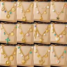 跨境时尚螺旋椭圆心形大吊坠毛衣链水晶蝴蝶花朵多元素配饰项链