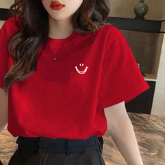 2025年の新型の赤い半袖のtシャツの女性の底のシャツの正肩の丸首の薄い上着の韓国版のゆったりしているinsの純綿