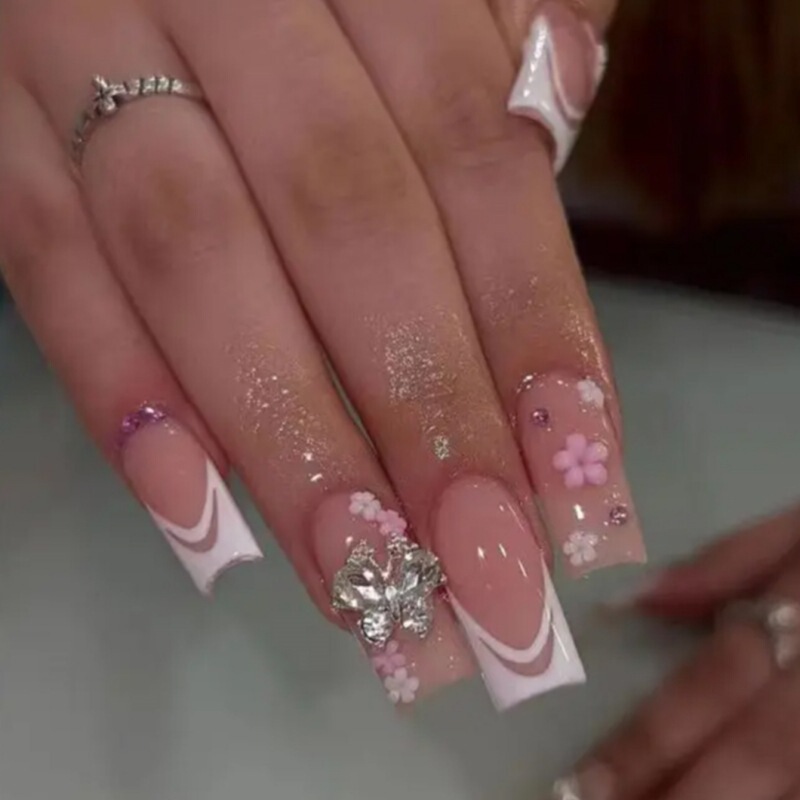 Big Flower Nail Art Full Diamond Pink New Wear Armor Cross-border European and American Coffin Armor Press Fake Nail Wholesale Big Flower Nail Art Full Diamond Pink New Wear Armor Cross-border European and American Coffin Armor Press Fake Nail Wholesale