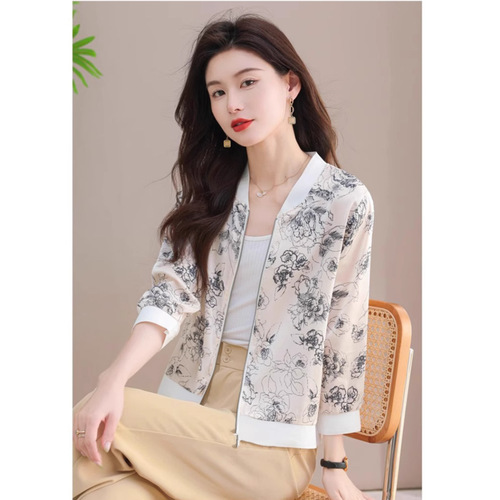 UV-proof thin breathable chiffon zipper sunscreen clothes large size loose short long sleeve women's floral jacket