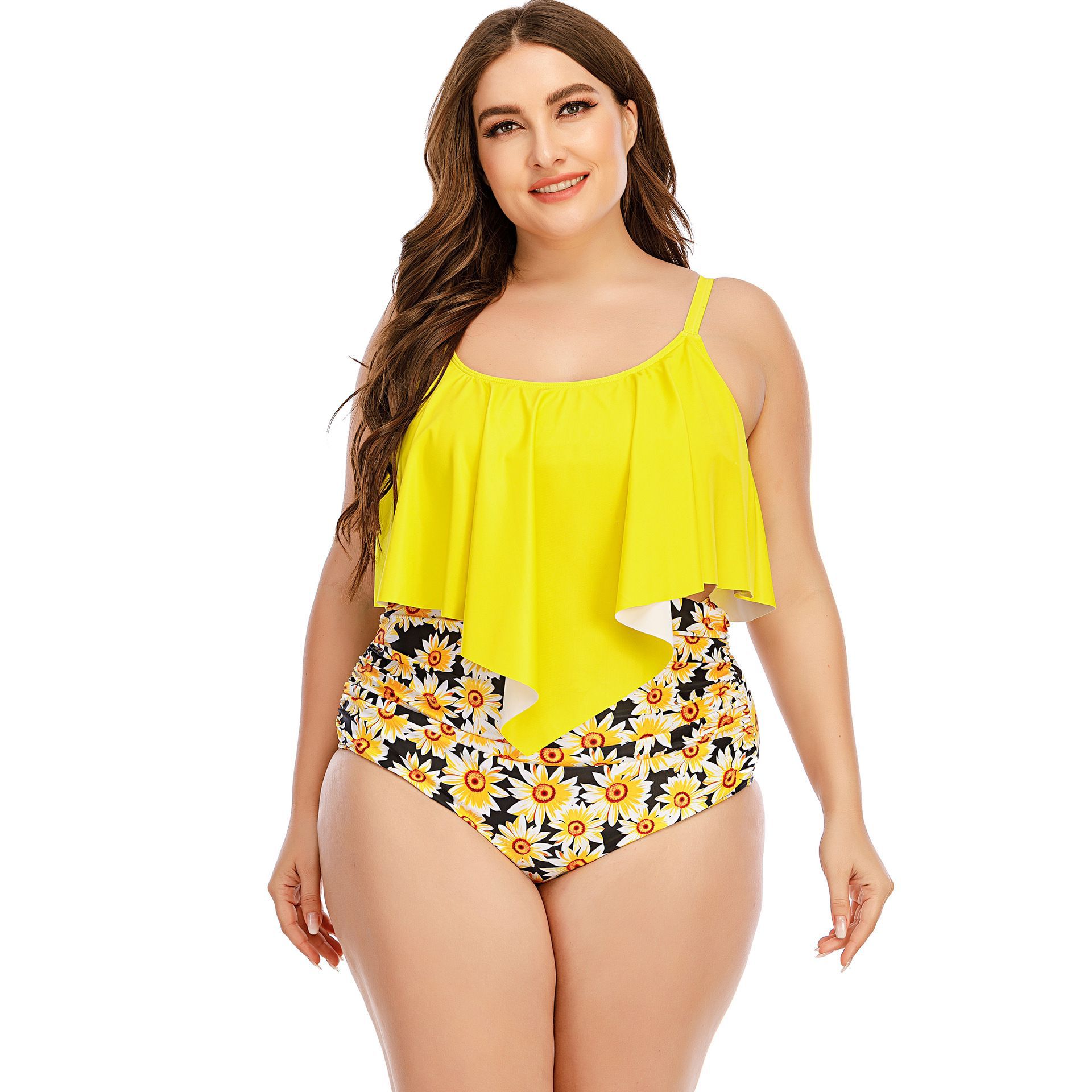 Conjunto de dos piezas Tankini sin espalda con cabestrillo con volantes y estampado de tallas grandes NSJHD124884