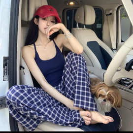 【专供东南亚】格子裤女秋季新款高腰直筒裤宽松薄款垂感阔腿裤子