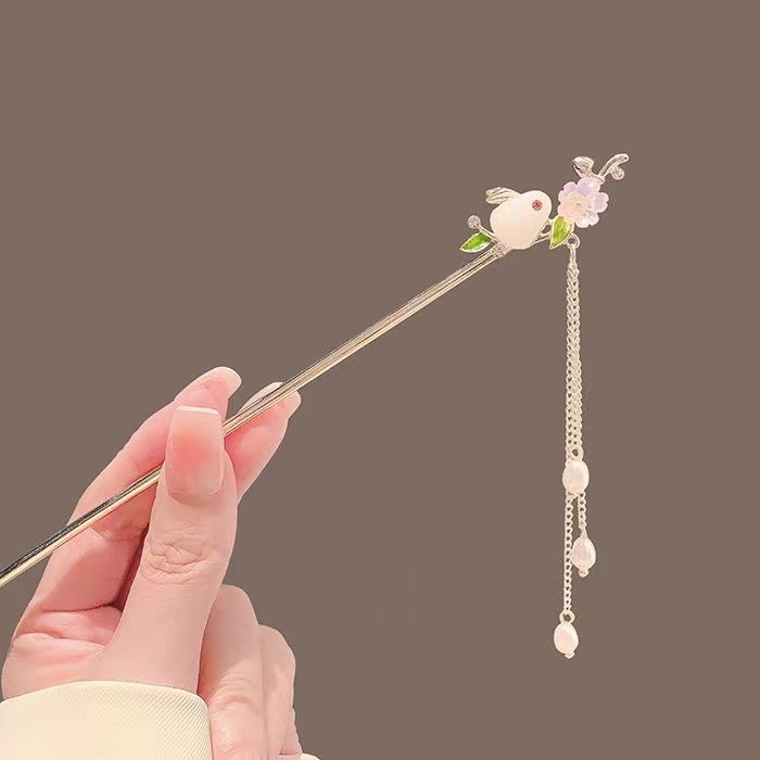 Jade conejo pinzas de cabello mujeres estilo antiguo tocado de ropa de estilo chino pasos de rotación Su jade pinzas de perlas niños lindos cheongsam nuevo pinzas de estilo chino