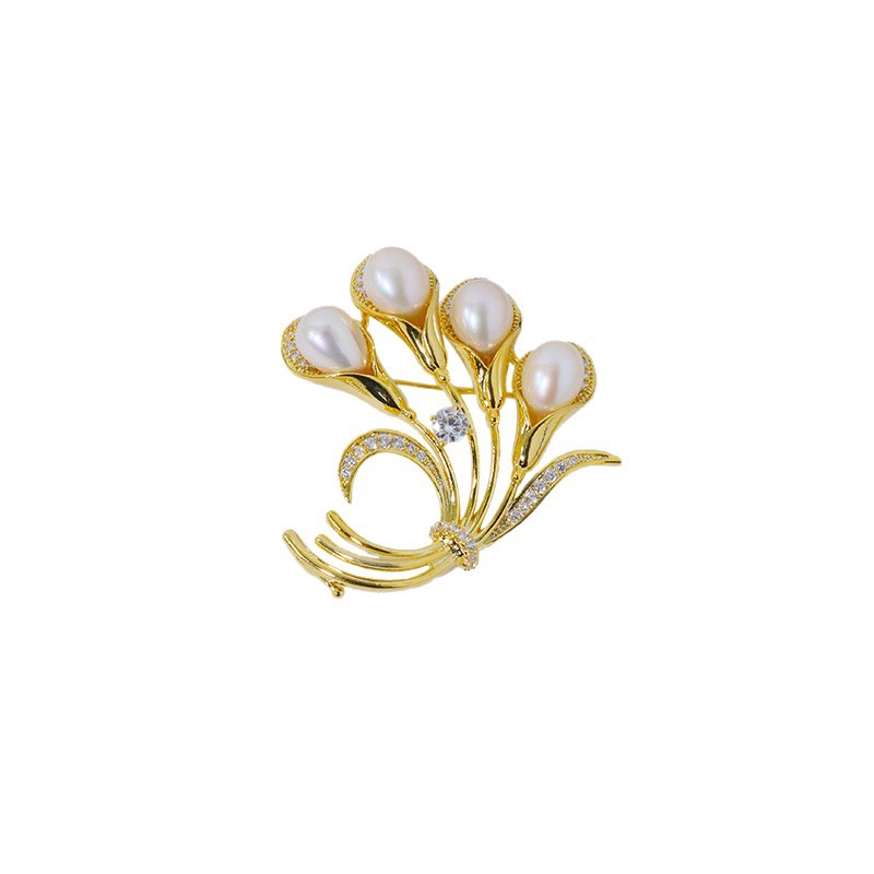 Elegante micro broche de tulipas de flores de perlas de agua dulce de alta calidad para mujeres, flores de flores de flores de pecho de temperamento de broche