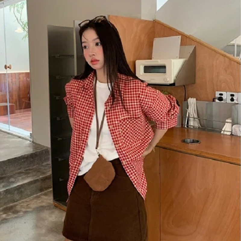 Korean Style Layered Loose Red Plaid Shirt for Women 2025 Autum New Casual Versatile Cardigan Shirt Jacket Korean Style Layered Loose Red Plaid Shirt for Women 2025 Autum New Casual Versatile Cardigan Shirt Jacket