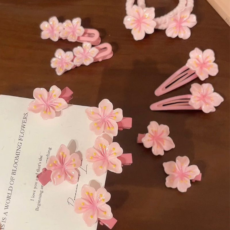 Pink Cherry Blossom Hairpin Side Clip Braided Hair Clip Girls' Heart Hairband Headband Female Hair Headwear