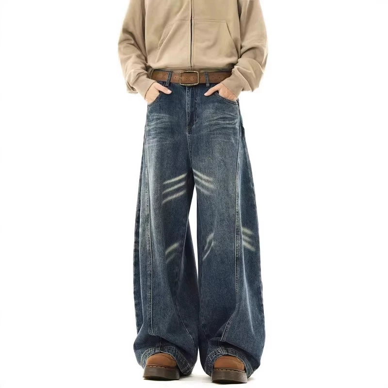 Retro design jeans, trousers, American style, trend of season, loose straight fit