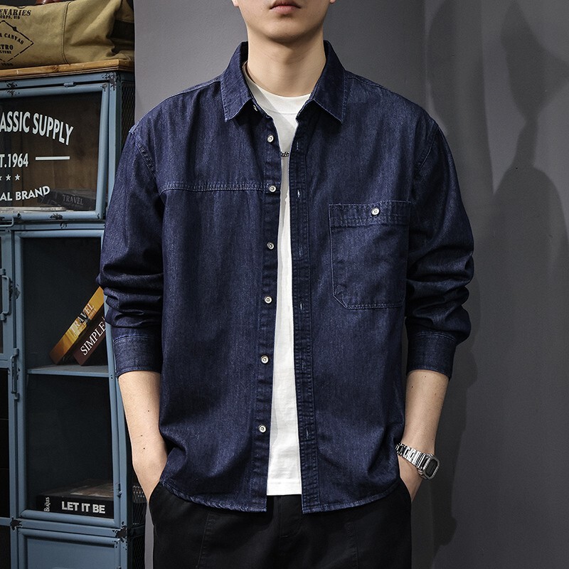 Spring and Autumn Cotton Denim Long Sleeve Shirt Men's 2025 New American Style Work Jacket Loose plus size Casual Shirt