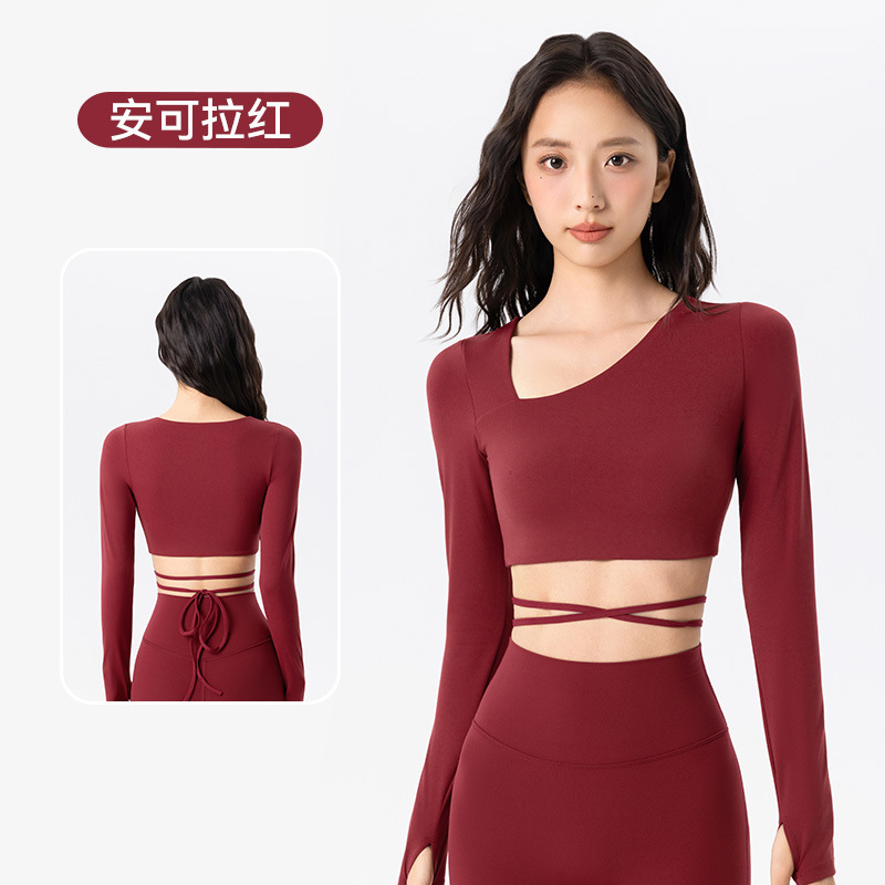 跨境短款正肩瑜伽服长袖女斜领绑带运动上衣带胸垫修身显瘦健身服|undefined