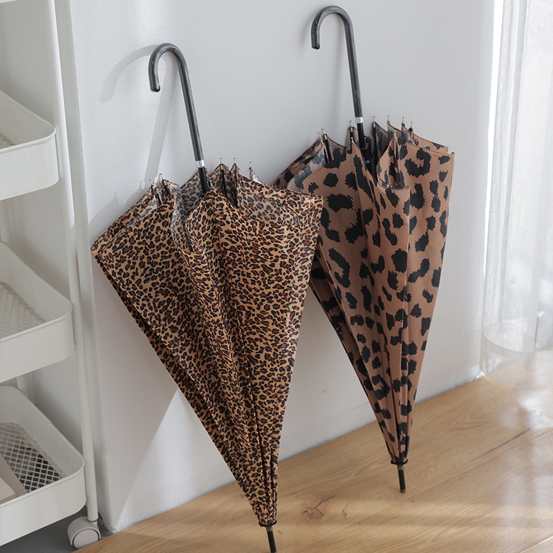 Retro Classic Leopard Print Automatic Long Handle Umbrella 10-Bone Anti-Wind Curved Hook Straight Umbrella Lightweight Portable Photograph Umbrella Goddess