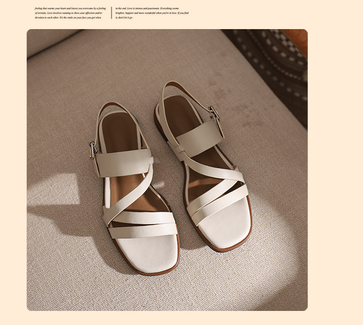 Sandal nữ quai ngang mảnh hở mũi đế bệt phong cách La Mã — Màu be chi tiết 11