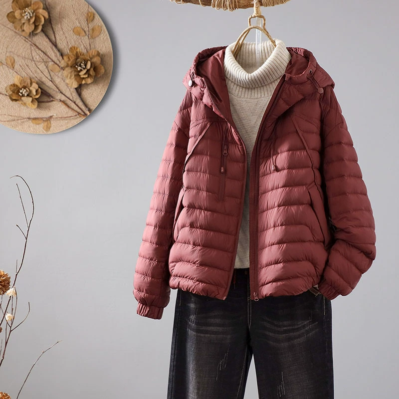 Light and thin winter retro keep warm down jacket with hood for leisure