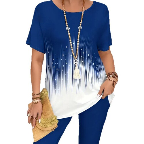 Summer Casual Striped Short-Sleeve T-Shirt and Tight Pants Set for Plus Size Women - TM001