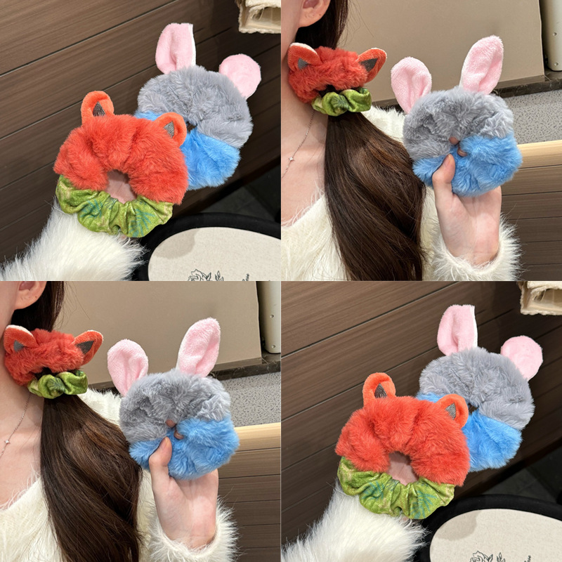 疯狂动物毛绒卡通狐狸兔耳朵大肠毛绒发圈女秋冬扎头发绳皮筋高弹