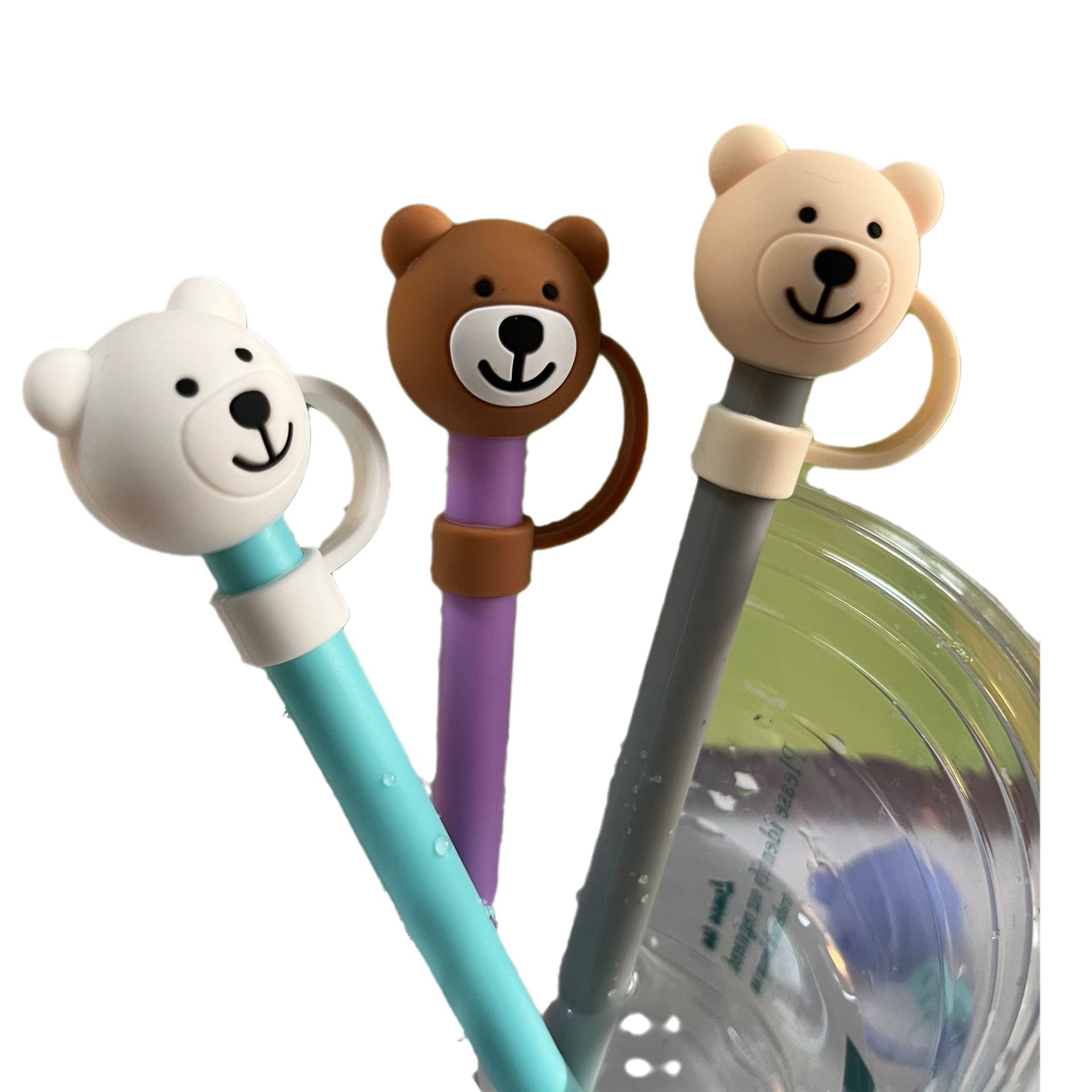 Cubierta de paja de oso de silicona Tapón antipolvo Explosiva transfronteriza Pajita de silicona de grado alimenticio de 10mm Taza de aislamiento Pajita a prueba de polvo