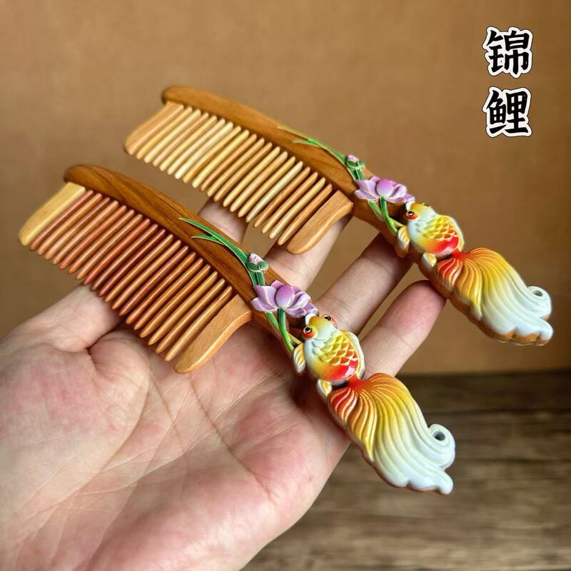 天然老桃木梳子浮雕漆艺非遗手工插齿古风美发梳女士伴手礼品批发|undefined