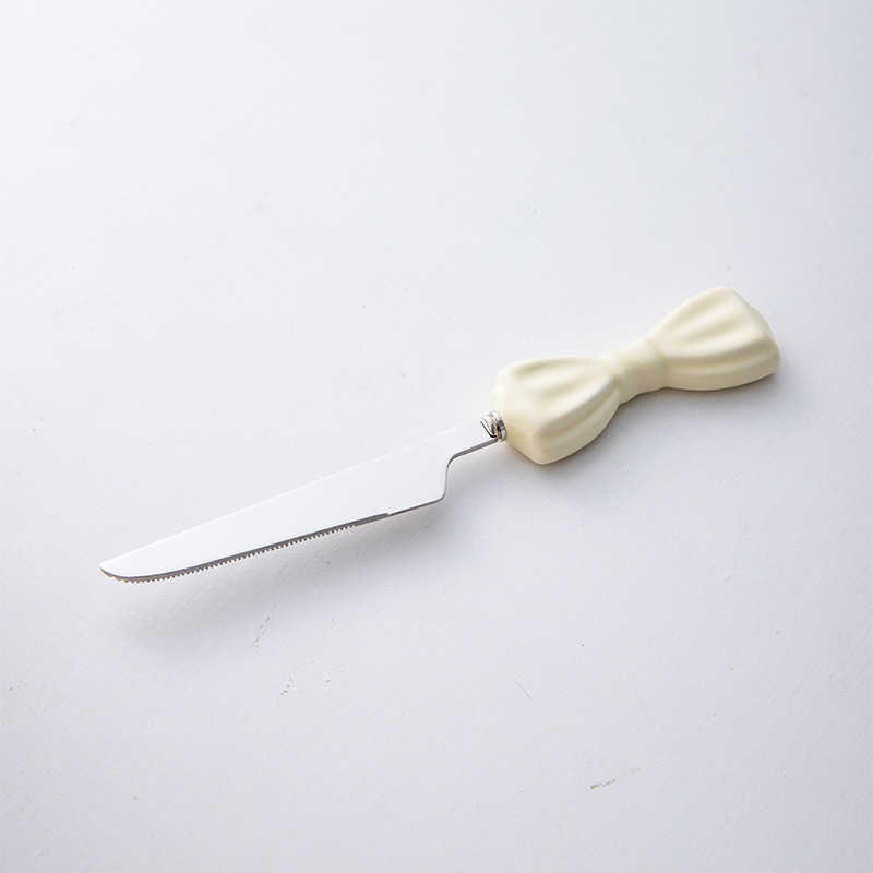 Ins Style Large Bowknot Creative Ceramic Handle 304 Stainless Steel Knife High Appearance Fork Dessert Spoon_voghion.com