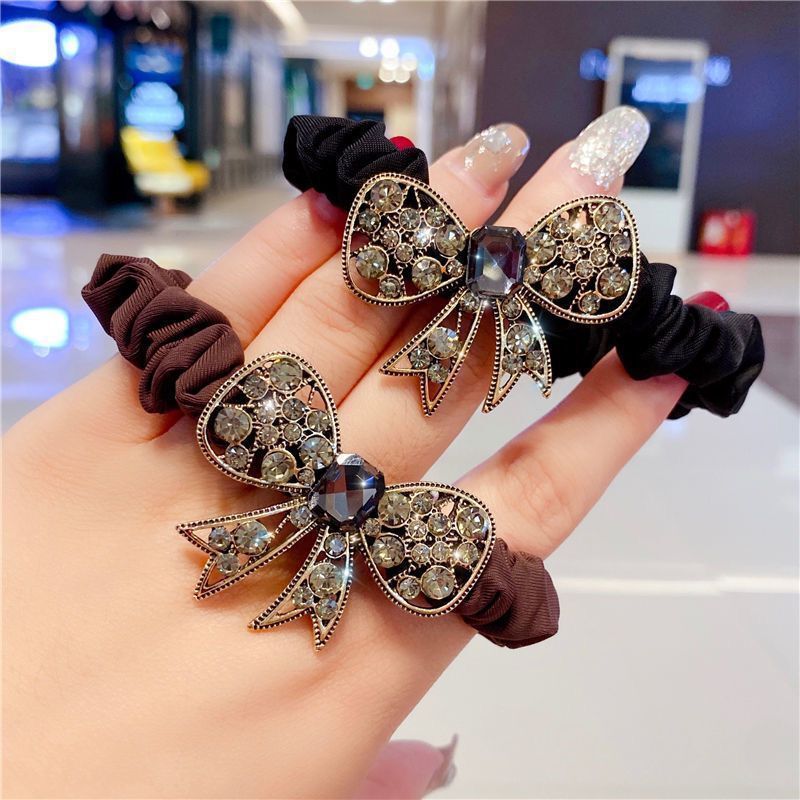 Fascia per capelli con fiocco di strass di alta qualità coreana, corda per capelli alla moda retrò, anello per l'intestino tenue francese, corda per la testa, elastico per capelli_voghion.com