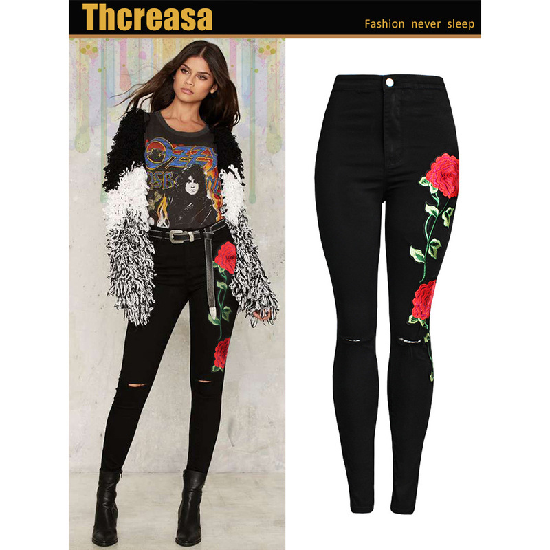 Europe Station ebay Amazon 3D Embroidered Women's High Waist Jeans Women's Trousers Black Leggings