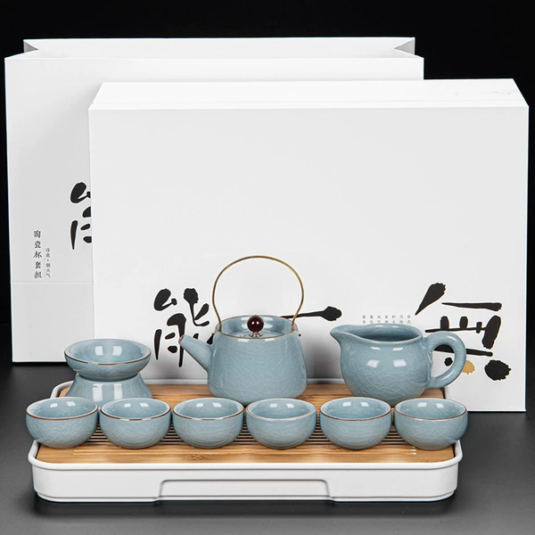 [Gift box style] Ru kiln hometown lifting beam six-cup 9-piece set + rectangular white tea tray + drinkable