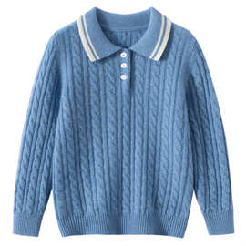 秋季新款复古扭花小翻领儿童羊绒衫POLO领羊毛加厚打底纽扣针织衫