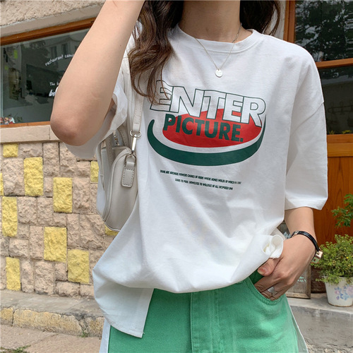Cotton printed summer loose short-sleeved T-shirt for female students with letters Korean version round neck couple INS tops women's tops