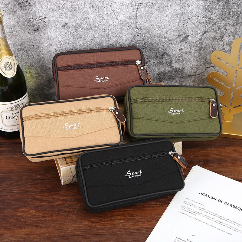 New Men's Solid Color Waist Bag Washed Cloth Three-Pull Horizontal Mobile Phone Bag with Belt Vertical Canvas Waist Bag in Stock