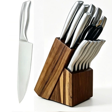 Amazon acero inoxidable hueco cuchillo conjunto de 15 piezas cuchillo de cocina cuchillo de frutas cuchillo de filete cuchillo de madera asiento fábrica Yangjiang